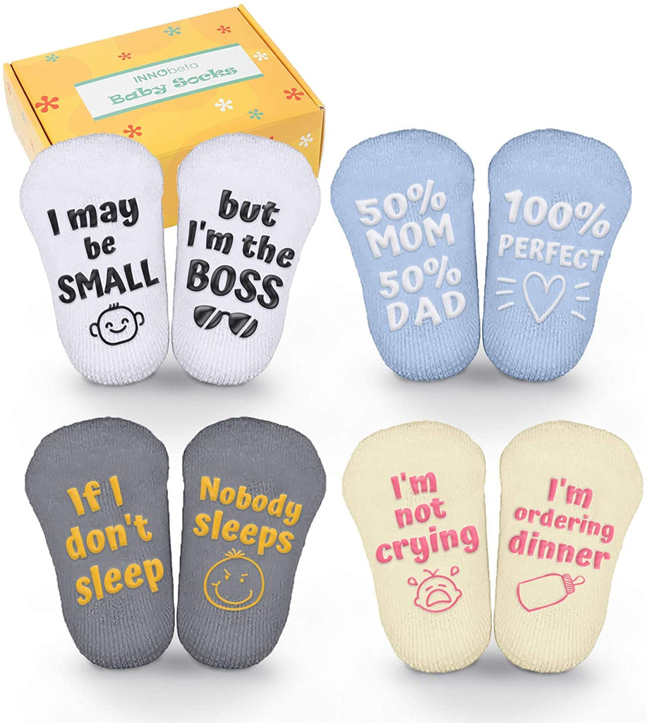 Gender Neutral Baby Socks Set with Funny Quotes (4 Pairs)
